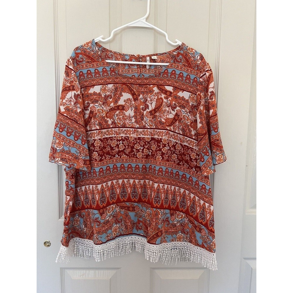 EST. 1948 Blouse Women's Size XL Orange Floral and Paisley Fringe Bottom Band
